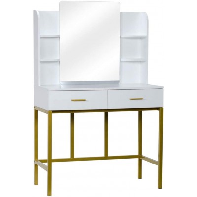 DESIGNSCAPE3D Bedroom Vanity Table & Vanity Bench Set w Makeup Mirror Steel Legs Dresser with Drawers & Shelves White