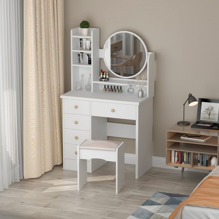 FUFU&GAGA Vanity Set with Round Mirror Makeup Vanity Dressing Table with 5 Drawers Shelves Dresser Desk and Cushioned Stool Set White
