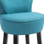 HOMCOM Upholstered Linen Vanity Stool with Curved Thick Padded Backrest Rubberwood Legs and Footpads Blue
