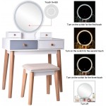 IKUSY Vanity Set with Lighted Mirror 3 Lighted Modes Touch Screen Dimming Mirror Modern Bedroom Makeup Dressing Table with 4 Sliding Drawers and Cushioned Stool for Girls Women Gifts White
