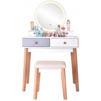 IKUSY Vanity Set with Lighted Mirror 3 Lighted Modes Touch Screen Dimming Mirror Modern Bedroom Makeup Dressing Table with 4 Sliding Drawers and Cushioned Stool for Girls Women Gifts White