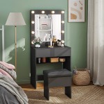 M&W Makeup Vanity Table Set with 3 Color LED Lighted Mirror Dressing Desk with Large Drawer and Cushioned Stool for Bedroom for Women Black