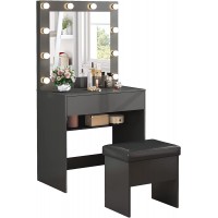 M&W Makeup Vanity Table Set with 3 Color LED Lighted Mirror Dressing Desk with Large Drawer and Cushioned Stool for Bedroom for Women Black