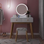 M&W Makeup Vanity Table Set with Round Mirror Built-in 3 Color LED Light Dressing Desk with 4 Drawers and Cushioned Stool for Bedroom for Women White