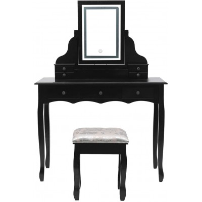 QINXIAO LED Lighted Vanity Mirror Makeup Table Large Vanity Set with Screen Dimming Mirror Dressing Table with 7 Organizer Drawers Vanity Bench Black Bedroom Furniture Black
