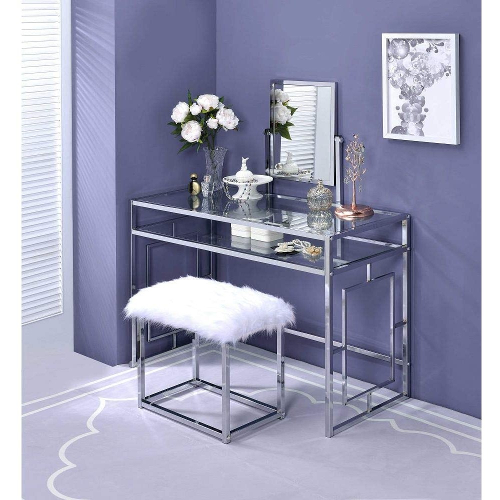 SSLine Elegant Vanity Set with Mirror and White Faux Fur Stool Glass Chrome Vanity Desk Makeup Dressing Table w Storage Shelf and Stylish Padded Vanity Bench -Women Girls Gift