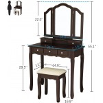 Tiptiper Vanity Set Makeup Vanity with Tri-Folding Necklace Hooked Mirror Vanity Table Dressing Table with Cushioned Stool and 5 Drawers Espresso