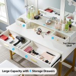 Tribesigns 47” Large Vanity Set with Tri-Folding Lighted Mirror Elegant Makeup Table Vanity Dresser with 4 Drawers 10 LED Lights and Cushioned Stool Dressing Table for Girls Bedroom White Gold