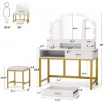 Tribesigns 47” Large Vanity Set with Tri-Folding Lighted Mirror Elegant Makeup Table Vanity Dresser with 4 Drawers 10 LED Lights and Cushioned Stool Dressing Table for Girls Bedroom White Gold