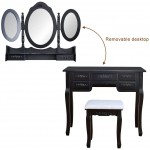 Vanity Benches Makeup Dressing Table with Dressing Stool and Foldable 3 Mirrors 7 Drawer Black