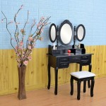 Vanity Benches Makeup Dressing Table with Dressing Stool and Foldable 3 Mirrors 7 Drawer Black