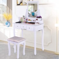 Vanity Makeup Table Sets with Mirror White Vanity Set Dressing Desk Dresser with Mirror and Bench 5 Drawers for Storage 1 Cushioned Stool,Shipping from USA Warehouse Faster Speeds