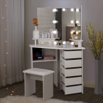 Vanity with Lights Adjustable Brightness 3 Color Modes Vanity Desk Set with 5 Rotatable Drawers 10 Light Bulbs and Shelves Vanity Table for Women Girls 42.9''L x 20.5''W x 56.1''H White