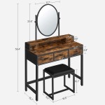 VASAGLE Vanity Desk Makeup Vanity with Padded Stool Vanity Table Oval Mirror 5 Drawers for Bedroom Dressing Room Industrial Style Rustic Brown and Black URVT006B01