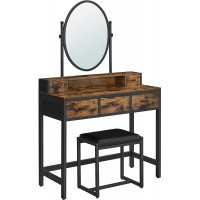 VASAGLE Vanity Desk Makeup Vanity with Padded Stool Vanity Table Oval Mirror 5 Drawers for Bedroom Dressing Room Industrial Style Rustic Brown and Black URVT006B01