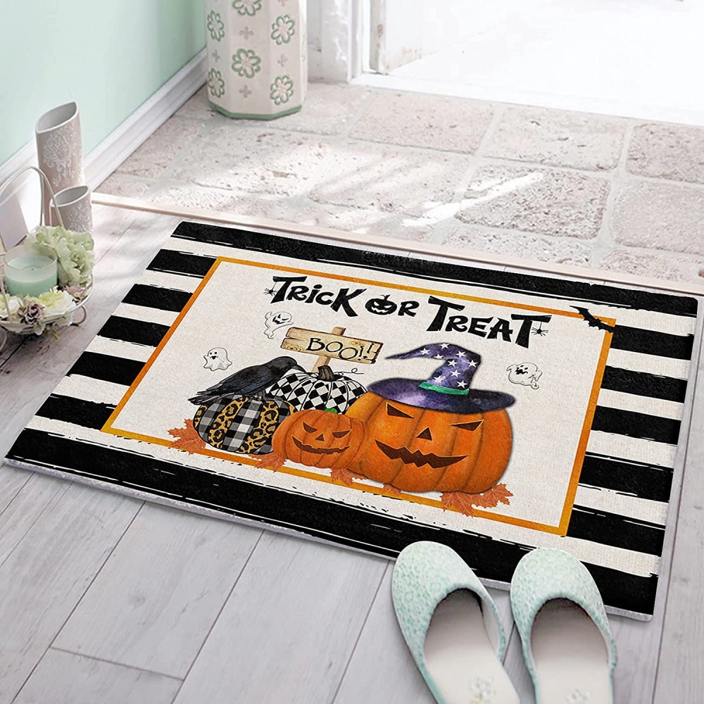 Cozy Plush Doormats 20x32in Absorbent Cushioned Kitchen Mat Area Runner Rugs for Indoor Outdoor, Bathroom&Stand-up Desks, Halloweeen Trick or Treat Pumpkins Raven Ghost Autumn Leaves Entryway Carpet