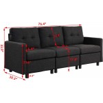 3 Seat Sofa 75" W Reversible Modular Sofa Linen Square Arm Love Seats Modern Couch for Compact Living Space Bedroom 3 Seat Sofa Dark Gray