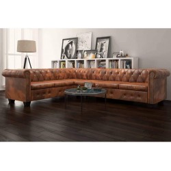 Chesterfield Corner Sofa Artificial Leather Sofa L Shape Seater 6-Sectional Sofa with Cushions Modern Faux Leather Upholstered Couch with Curved Armrest for Living Room Home Office Furniture Brown