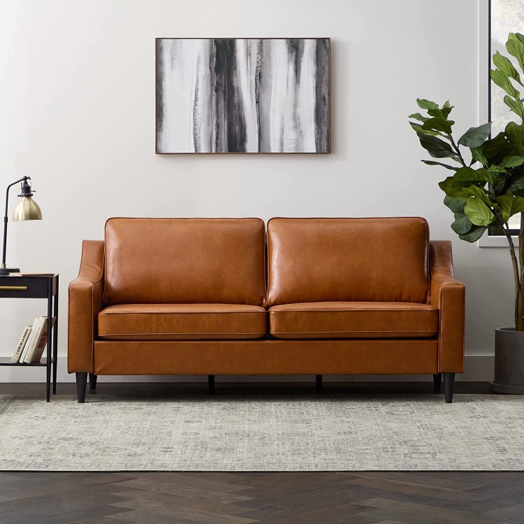 Edenbrook Jensen Upholstered Scooped Arms - Seats Three -Transitional Style Sofa Camel Faux Leather