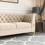 Mid-Century Modern Velvet Sofa Couch Upholstered 3 Seat Button Tufted Chesterfield Couches with Flared Arm&Gold Legs Removable Cushion Seat Loveseat Sofa for Living Room Bedroom Beige