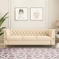 Mid-Century Modern Velvet Sofa Couch Upholstered 3 Seat Button Tufted Chesterfield Couches with Flared Arm&Gold Legs Removable Cushion Seat Loveseat Sofa for Living Room Bedroom Beige