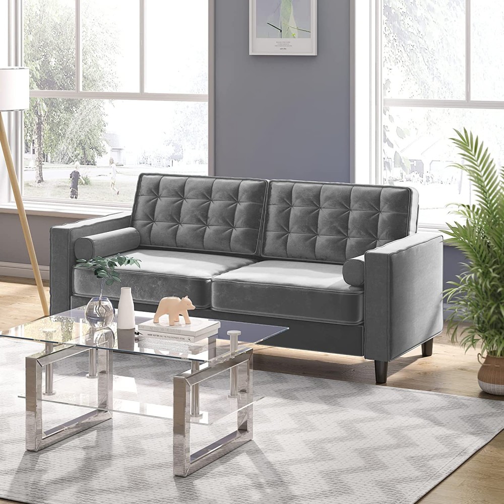 Mjkone Velvet Loveseat Couch Sofa with Tufting-Bolster Modern Sofa Recliner Small Spaces Love Seats Furniture Suitable for Small Spaces Living Room Bedroom Easy Assembly Grey