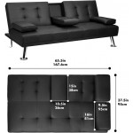 Pawnova Futon Sofa Bed Modern Faux Leather Convertible Folding Lounge Couch for Living Room with 2 Cup Holders Removable Soft Armrest and Sturdy Metal Legs Attractive Black