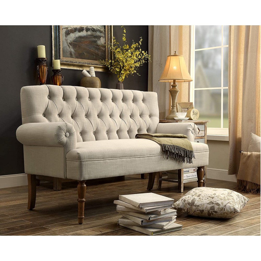 Rosevera Hermosa Upholstered Tufted Button Rolled Arm Loveseat Sofa Settee Standard Beige