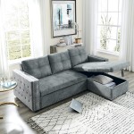 Sectional Sofa with Pull Out Bed HABITRIO Solid Wood & Velvet Upholstered 2 Seats Sofa and Reversible Chaise Lounge w Storage Modern Design 91" L-Shaped Sleeper Sofa for Living Room Grey