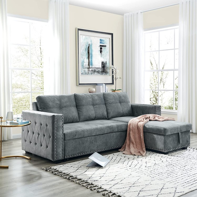 Sectional Sofa with Pull Out Bed HABITRIO Solid Wood & Velvet Upholstered 2 Seats Sofa and Reversible Chaise Lounge w Storage Modern Design 91" L-Shaped Sleeper Sofa for Living Room Grey