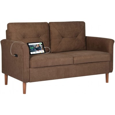 TYBOATLE 53" Mid Century Upholstered Loveseat Sofa w 2 USB Charging Ports for Living Room Modern 2-Seat Couch Sofa Furniture for Small Space Home Office Dorm Brown