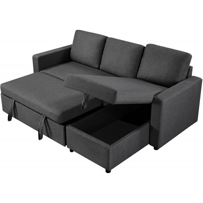 Yaheetech Modern Sectional L-Shaped Sofa Couch Bed w Chaise Reversible Couch Sleeper w Pull Out Bed & Storage Space 4-seat Linen Fabric Convertible Sofa Suitable for Living Room Dark Gray