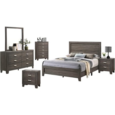 Best Quality Furniture 6PC Eastern King Bed + Dresser + Mirror + 2 Nightstands + Chest Gray