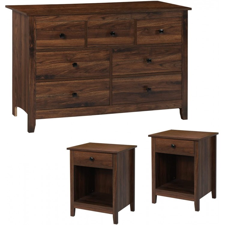 LTMEUTY Dresser and Night Stand with Drawers 3 Pieces Wooden Bedroom Set 7-Drawer Chest of Drawers and Nightstands Set Brown Wood Grain