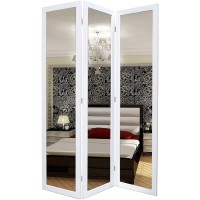 Benjara 3 Panel Wooden Foldable Mirror Encasing Room Divider White and Silver
