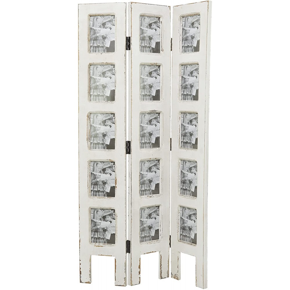 Deco 79 Rustic Wood 3-Panel Photo Frame Room Divider 51" H x 27" L Distressed Ivory Finish