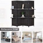 HADDOCKWAY 4 Panel Room Divider 6FT Tall Weave Fiber Room Dividers Screen with 2 Display Shelves Folding Privacy Partition Wall with Double Hinged for Freestanding Room Separator Black