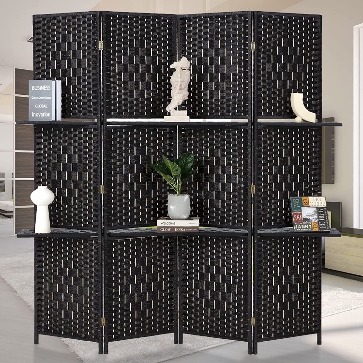 HADDOCKWAY 4 Panel Room Divider 6FT Tall Weave Fiber Room Dividers Screen with 2 Display Shelves Folding Privacy Partition Wall with Double Hinged for Freestanding Room Separator Black