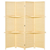 HOMCOM 4-Panel Bamboo Room Divider 6 Ft Folding Privacy Screen with 2 Display Shelves for Bedroom and Office Natural
