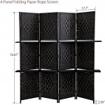 JAXSUNNY 4-Panel Room Divider Folding Paper Rope Folding Screen Portable Partition Privacy Room Divider with Removable Storage Shelves Freestanding Divider with Two partitions Black