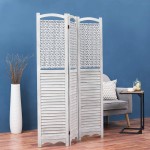 MyGift 3-Panel Louvered Rustic Gray on White Room Divider with Wood Frame & Decorative Fabric Screen