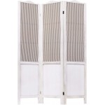 MyGift 3-Panel Parisian Style Whitewashed Wood Room Divider with Vertical Striped Fabric Screens