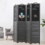 MyGift 4-Panel Vintage Gray Wood Louvered Room Divider with Chalkboard Panels and Two-Way Hinges