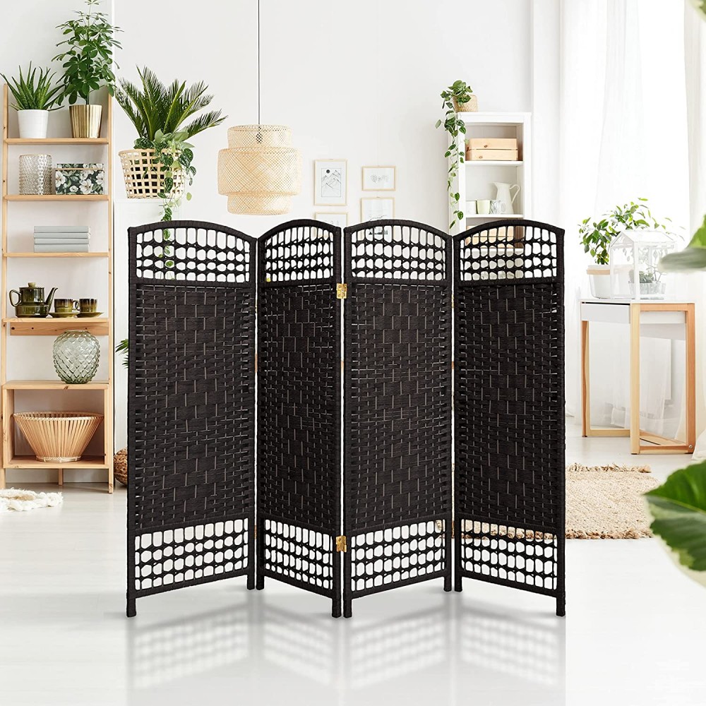 Oriental Furniture 4 ft. Tall Fiber Weave Room Divider Black 4 Panels