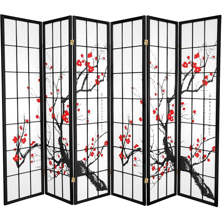 Oriental Furniture 6 ft. Tall Flower Blossom Divider Black 6 Panels