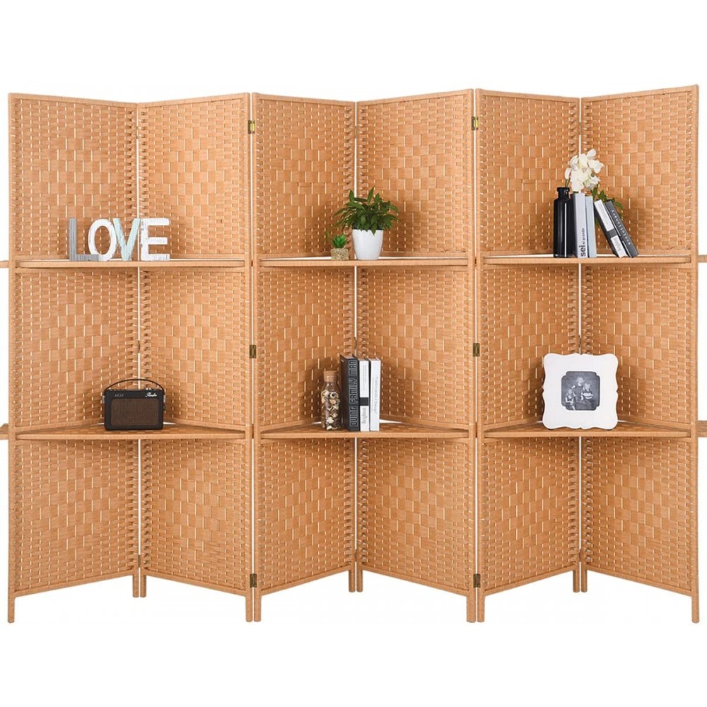 RHF 6 ft.Tall-Extra Wide Diamond Weave Fiber 6 Panels Room Divider,6 Panel Folding Screen Privacy Partition Wall Room Dividers with 2 Display Shelves,Light Beige-6 Panel 2 Shelves
