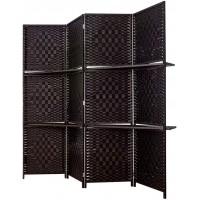 TinyTimes 6 FT Tall Room Divider with Removable Storage Shelves 4 Panel Weave Fiber Extra Wide Room Divider Room Dividers & Folding Screens Freestanding Dark Brown 4 Panel