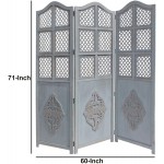 Tup The Urban Port Three Panel Wooden Room Divider with Traditional Carvings and Cutouts Blue