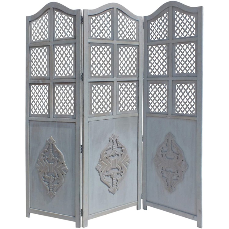 Tup The Urban Port Three Panel Wooden Room Divider with Traditional Carvings and Cutouts Blue