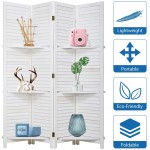 Tyyps 4 Panel 6 Ft Tall Wood Room Divider Folding Portable Privacy Wooden Screen Partition Wall Indoor Outdoor Folding Screen w  Removable 3 Display Shelves Wooden Partitions for Home Office White